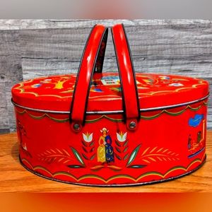 1940s Red Oval Pennsylvania Dutch Folk Art/Amish Tin Basket w/ Handles